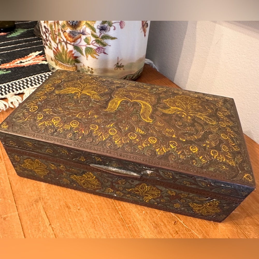 RARE Antique Ornate Intricate Brass and Wood Snuff Cigar Box Humidor